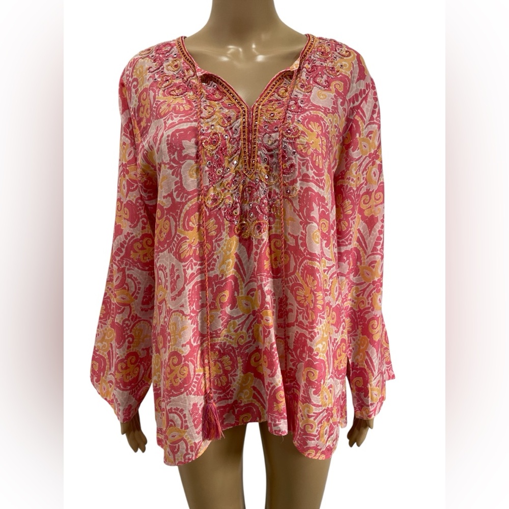 Bella Tu Embroidered Pink and Yellow Women's Top size M